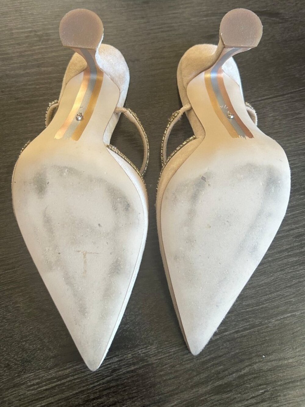 SAM EDELMAN Anita Beige Suede Embellished Pointed Toe Mules Heels - Size 7.5 - Picture 8 of 9